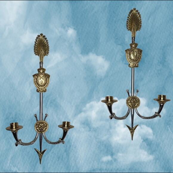 Pair of VTG Reproduction Neoclassical Empire Brass/Chrome 2 Arm Candle Holders - Picture 1 of 16